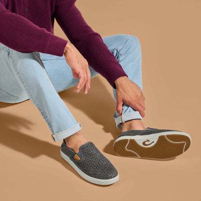 Lae‘ahi Lauhala Men's Leather Slip-On Sneakers - Ash