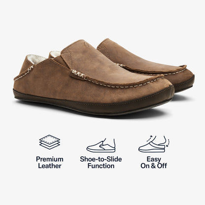 Moloā Men's Leather Slippers - Toffee / Dark Wood