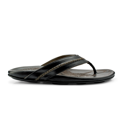 OluKai Mea Ola - Black | Men's Leather Beach Sandals