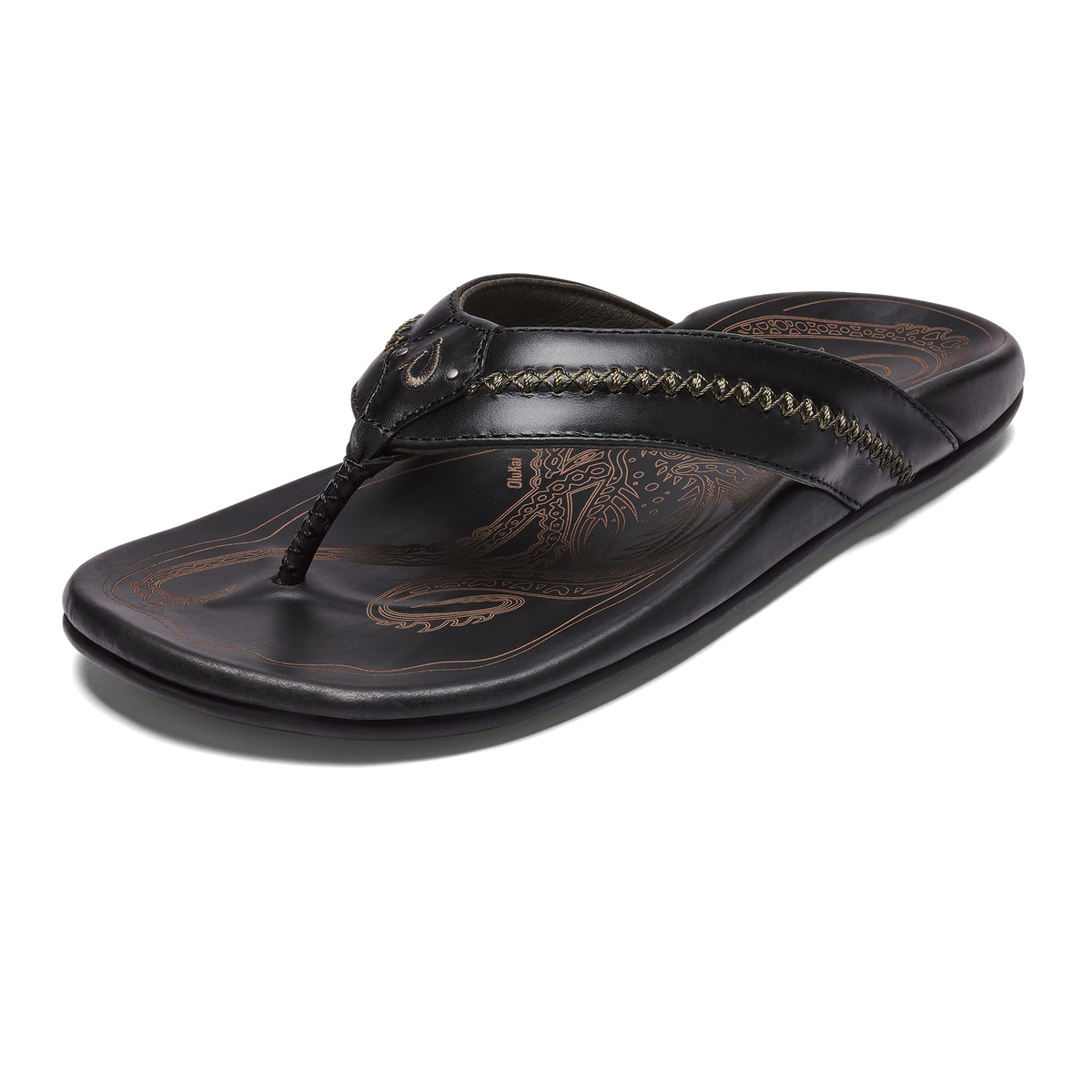 OluKai Mea Ola - Black | Men's Leather Beach Sandals