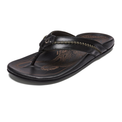 OluKai Mea Ola - Black | Men's Leather Beach Sandals
